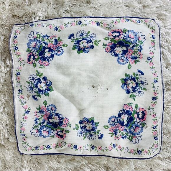 Vintage Handkerchief Floral 60s Cotton Blue Pink - Picture 6 of 6